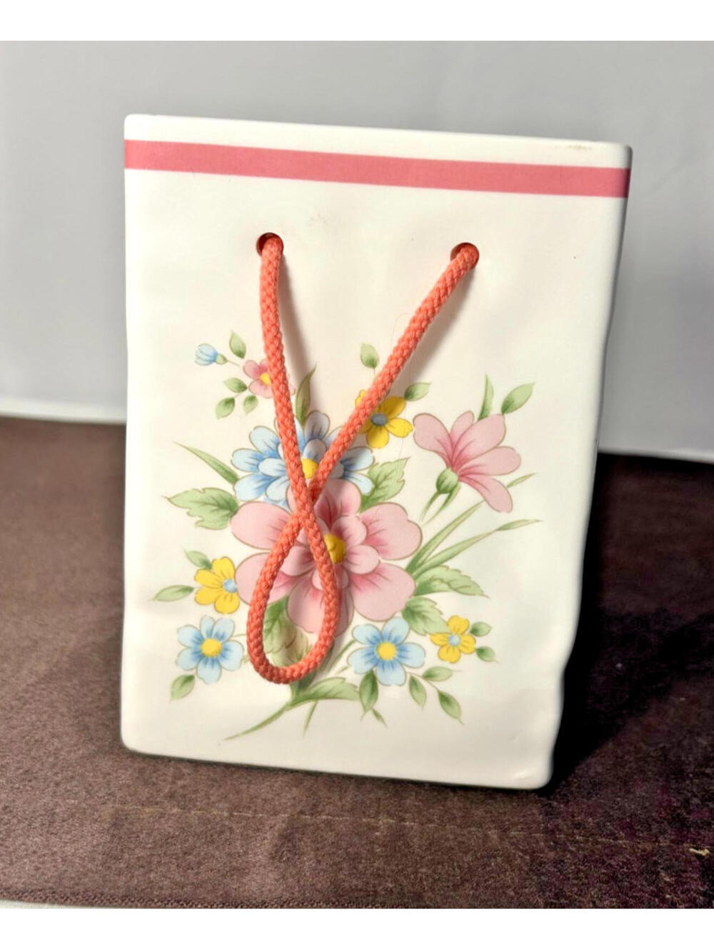 Vintage FTDA 1986 Floral Ceramic Gift Bag Vase Japan Pastel Planter